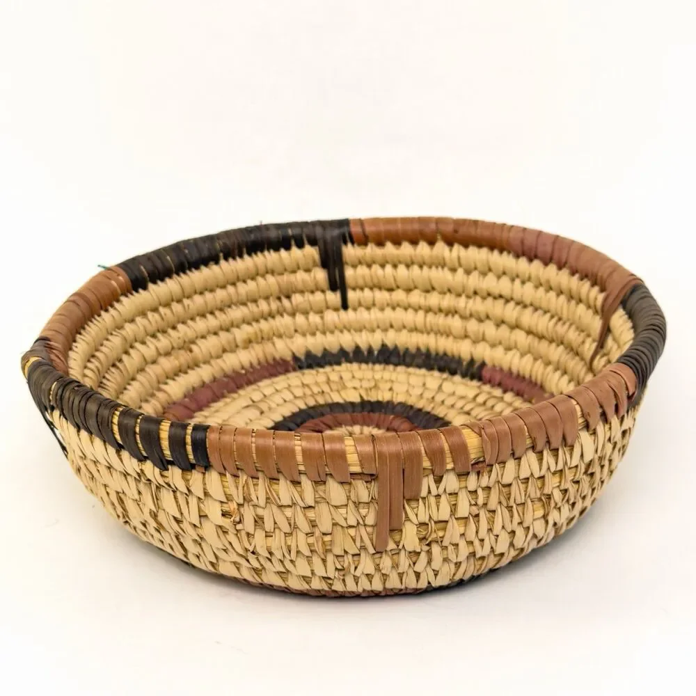 Vintage Woven Basket Coiled Round 10” Earth Tones Tan Brown Boho Wall Decor